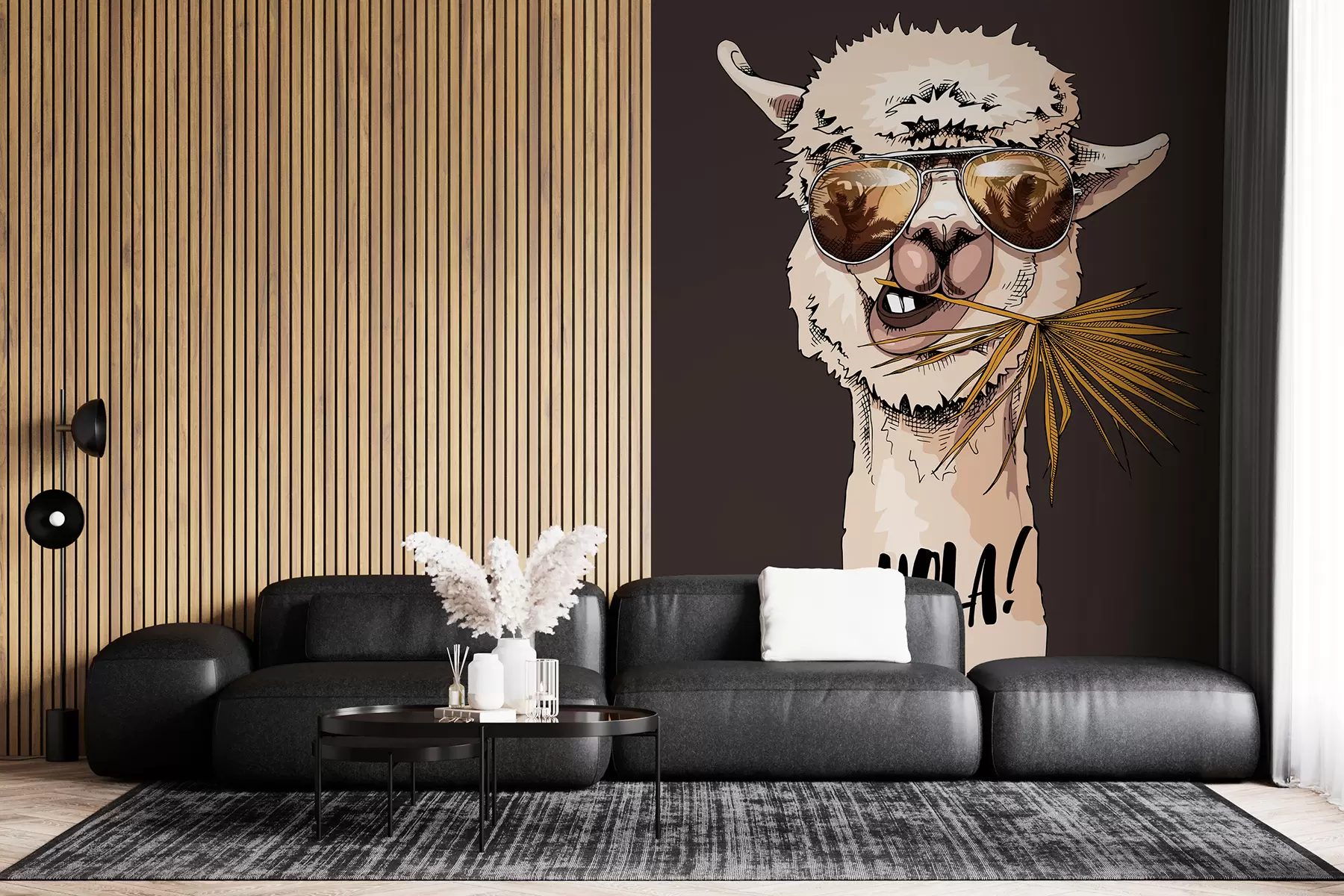 Fototapeedid Päikeseprillidega laama portree koos lehviku palmilehega u98177v2