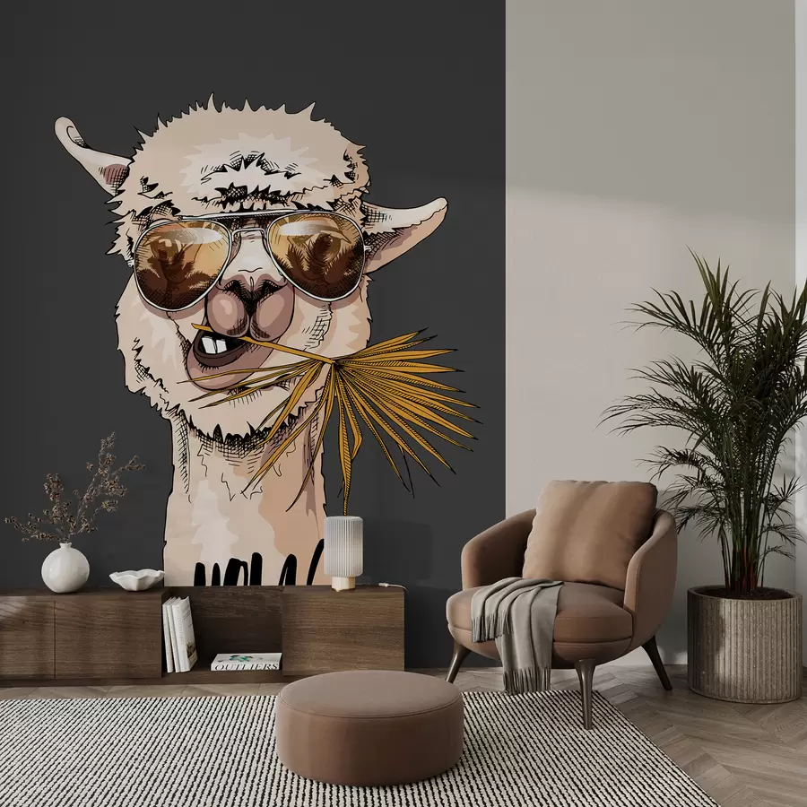 Fototapeedid Päikeseprillidega laama portree koos lehviku palmilehega u98177v1