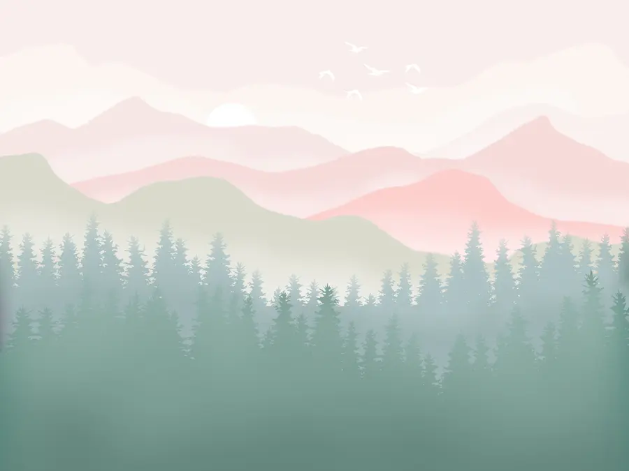 Fototapeedid Sumedad mäed koos männimetsaga, pehmed looduslikud värvid, roosa ja roheline u98774