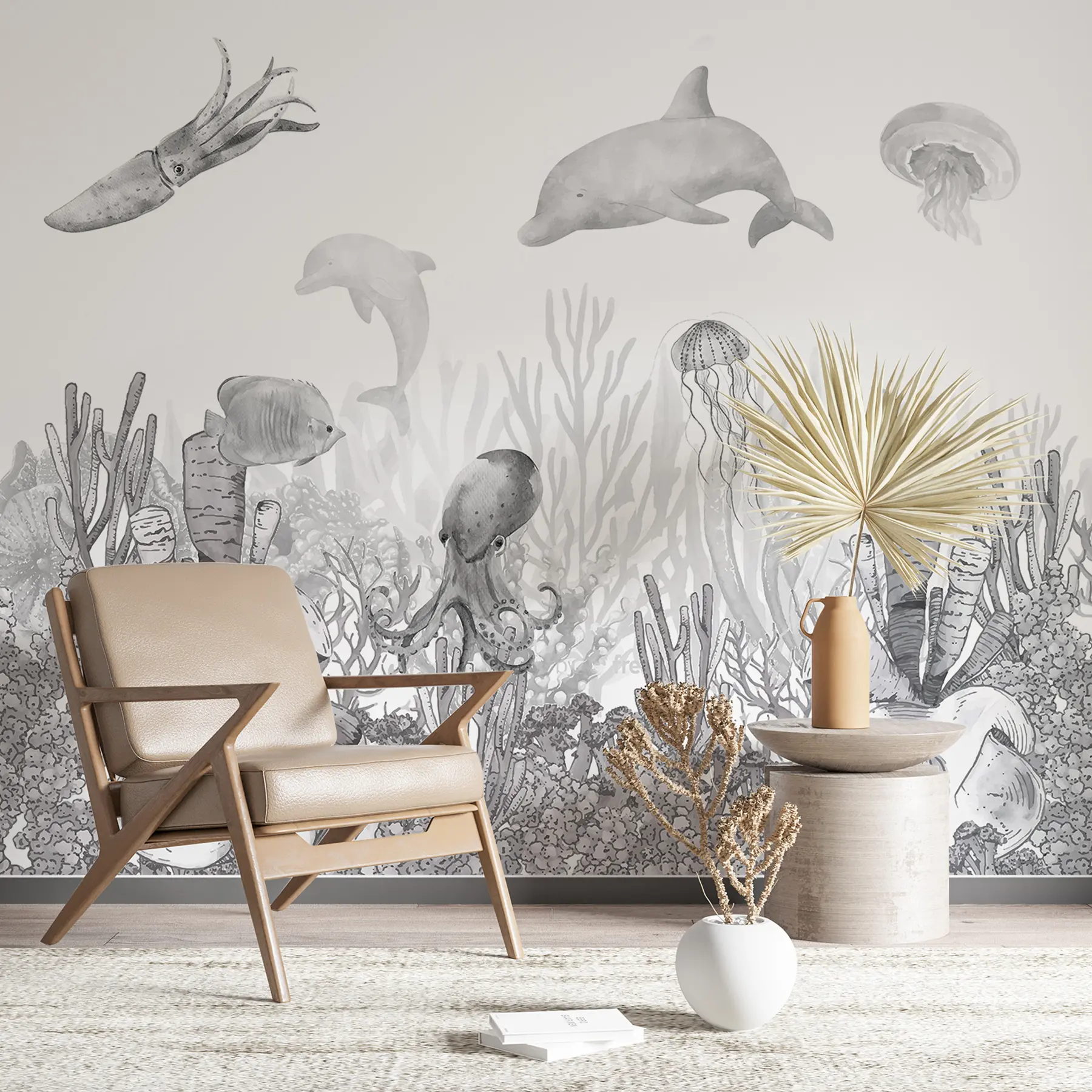 Fototapeedid Veealune mereelu, mere loomad, akvarell, hall värv, korallid, delfiin, kaheksajalg, kaheksajalg u98899v1
