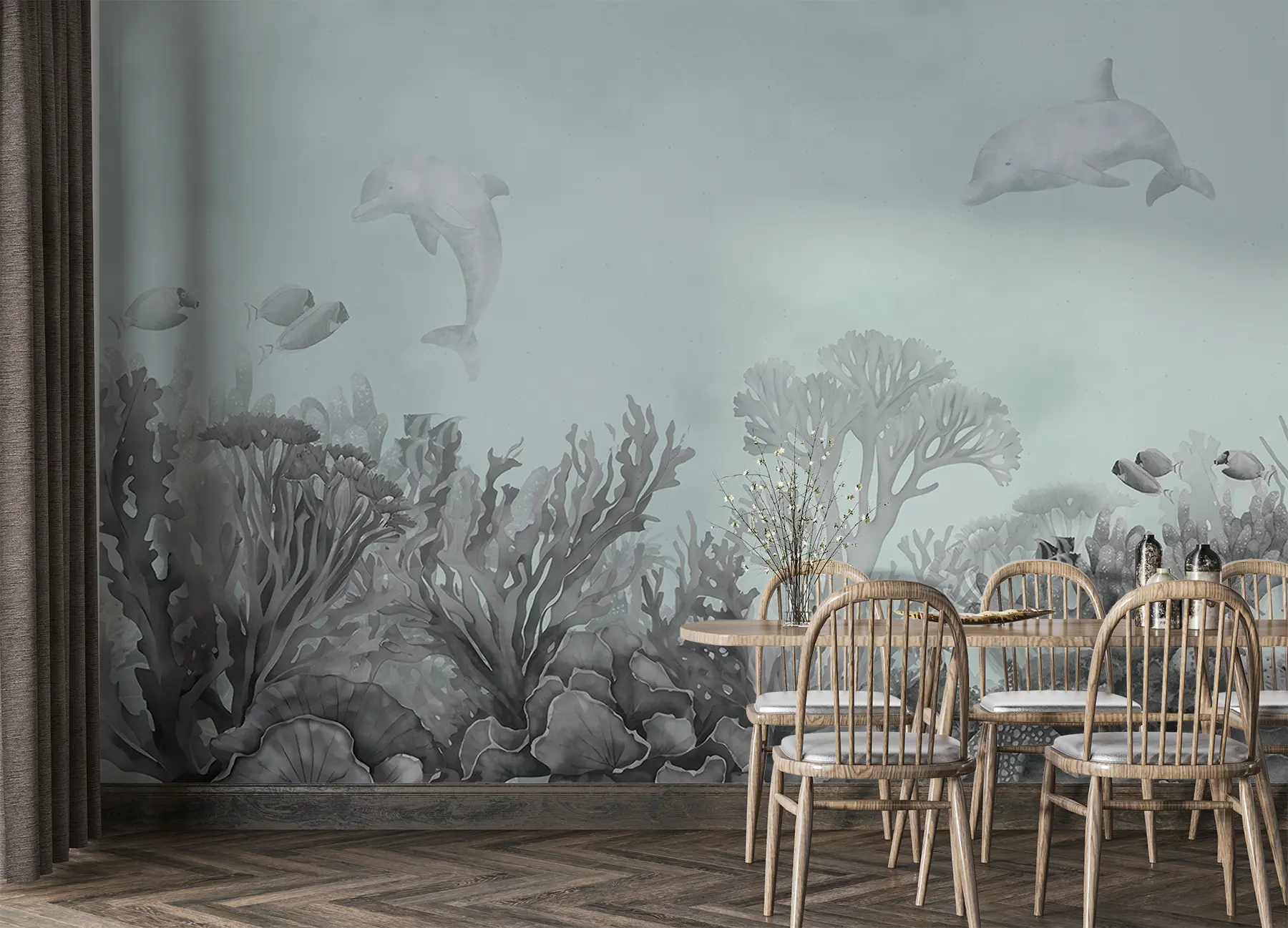 Fototapeedid Veealune mereelu, korallrahu, akvarell, hall ja sinine värv, delfiinid u98900