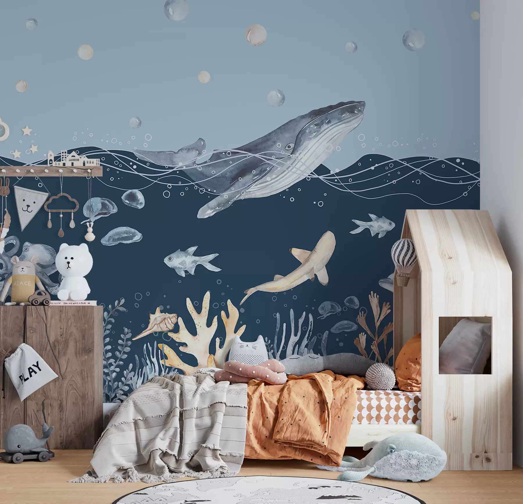 Fototapeedid Veealune elu, vaal, delfiin, korallid, mere loomad, ookeaniteema, pastelsed värvid u98902