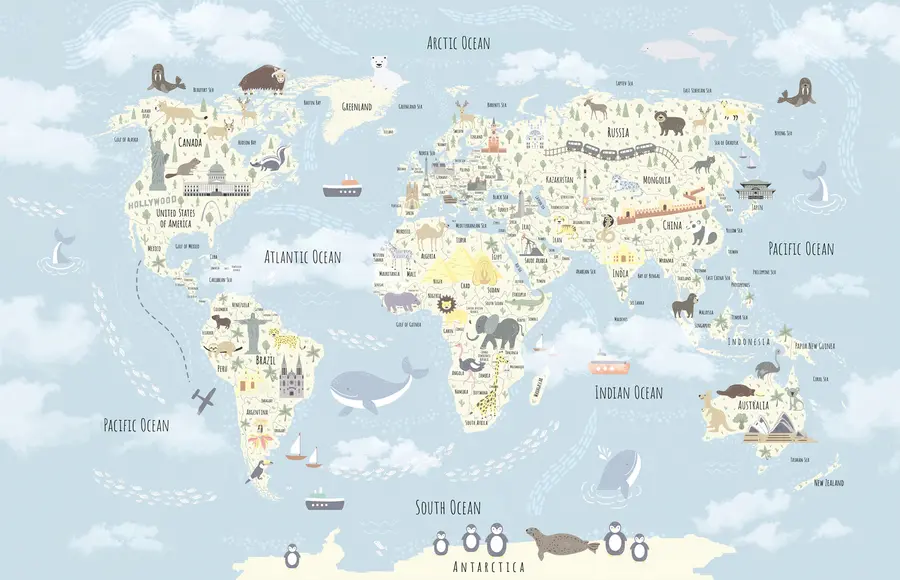 Fototapeedid Laste maailmakaart loomade ja maamärkidega u96587