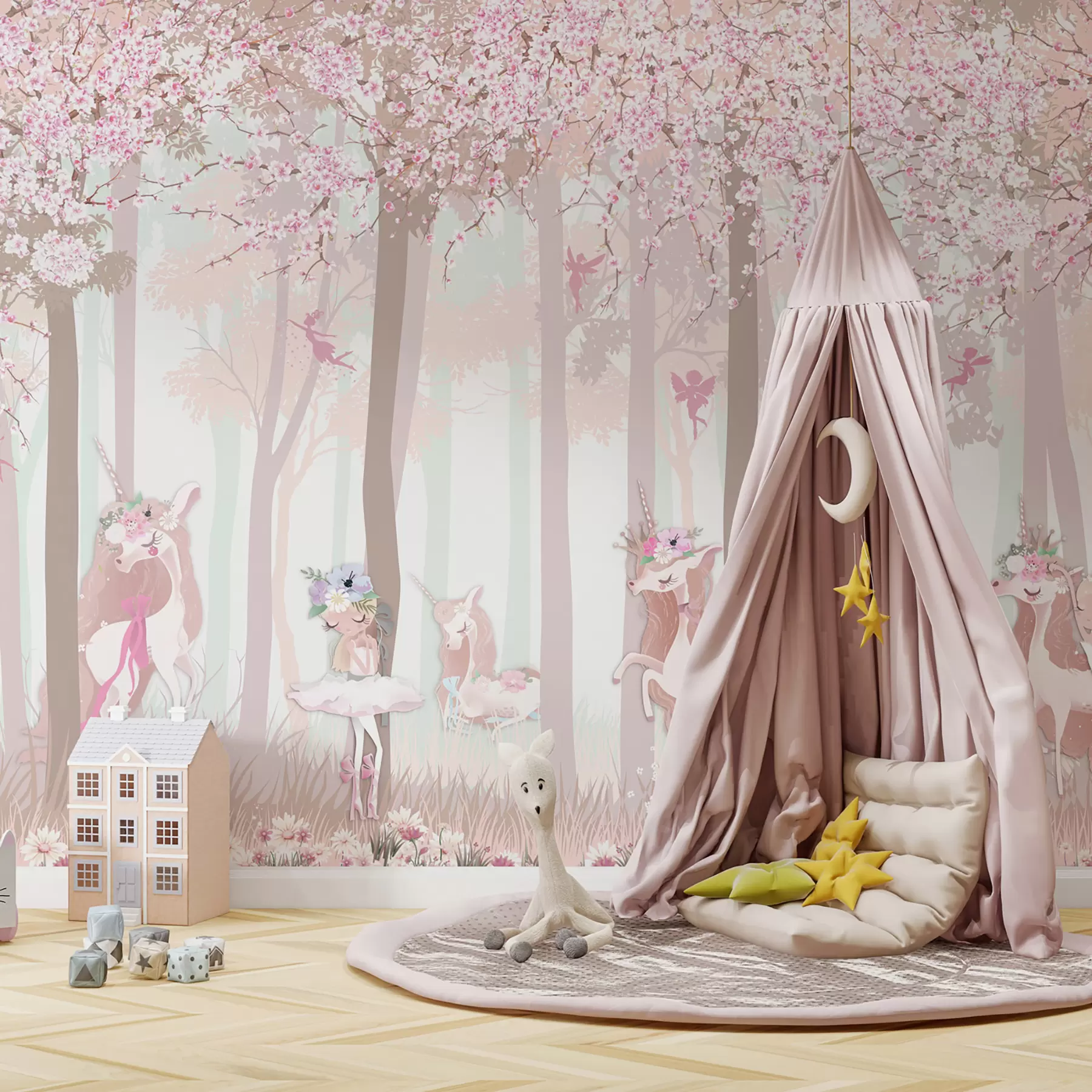 Fototapeedid Mets koos printsesside ja ükssarvikutega u98694