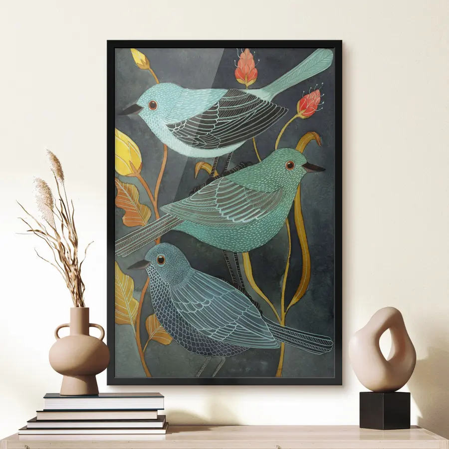 Fototapeedid Värvikad linnud elava lehtede keskel f03061