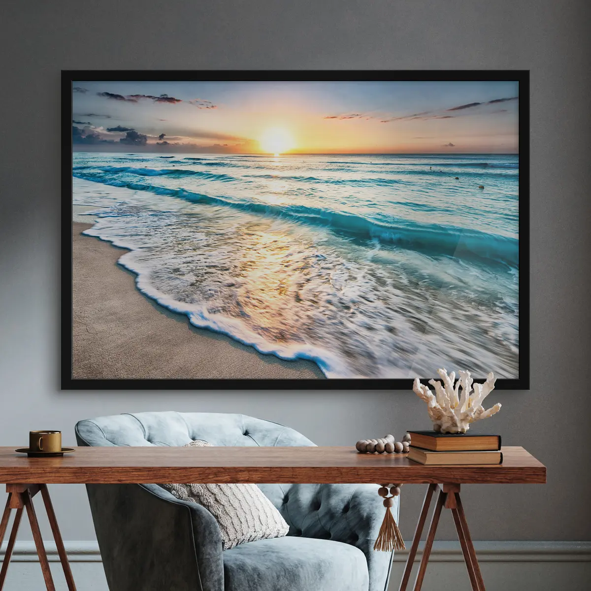 Plakat Päikeseloojang üle rahulike ookeanilainete f08091