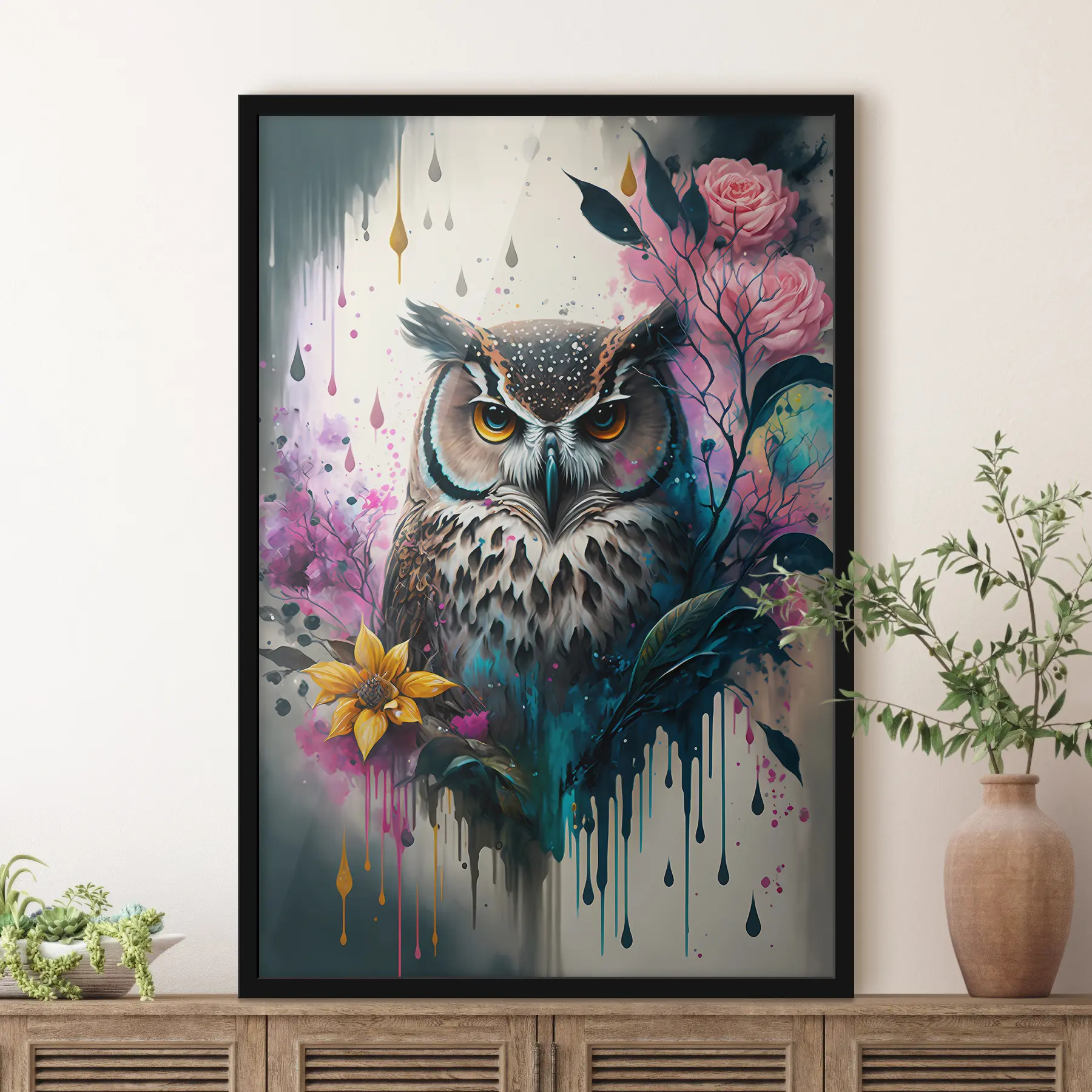 Pilt Öökull, mida ümbritsevad erksad õied f35348