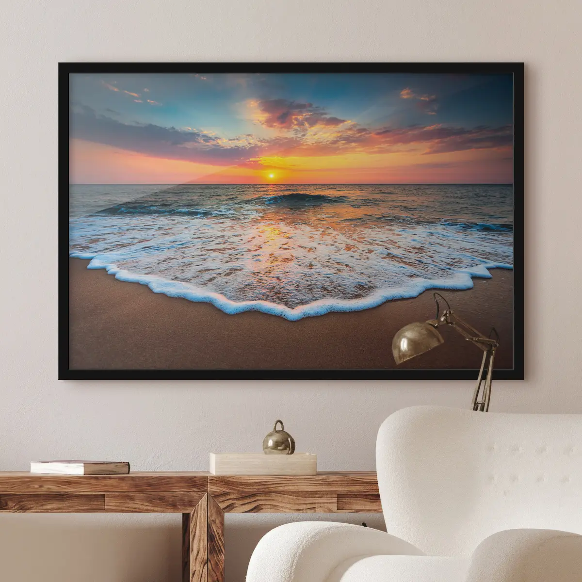 Plakat Päikeseloojang peegeldub õrnadel lainetel f35166