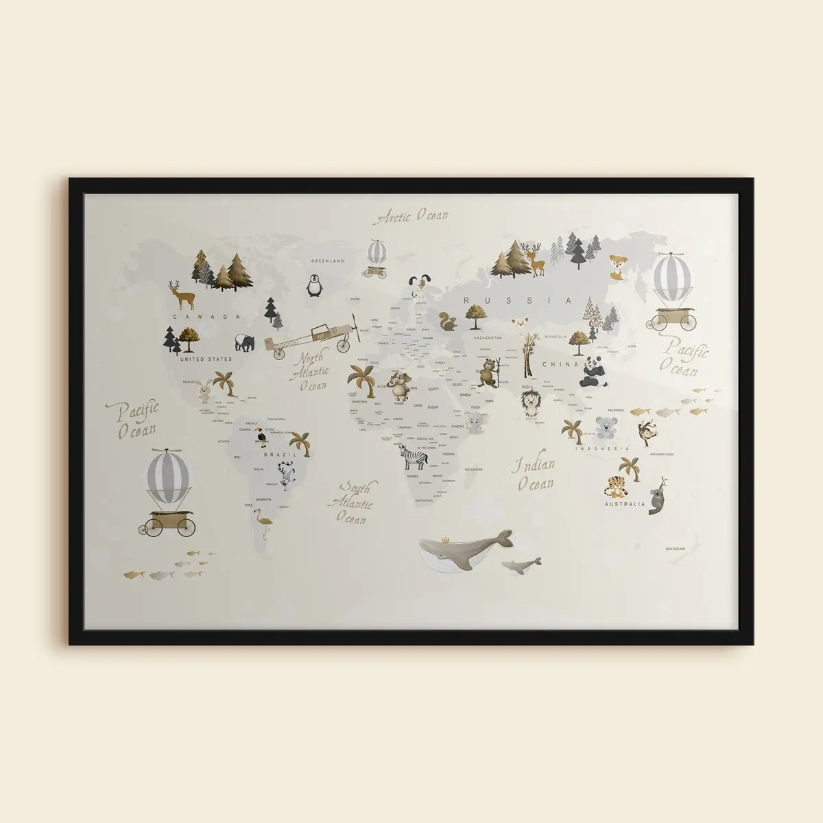 Plakat Kapriisne maailmakaart, millel on kujutatud loomi f31798