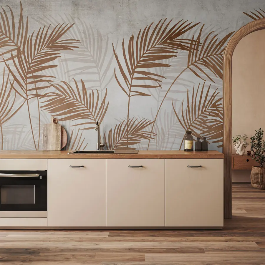 Fototapeedid Tapeedi kujundus troopiliste puude ja lehtedega sumedas metsas u98974