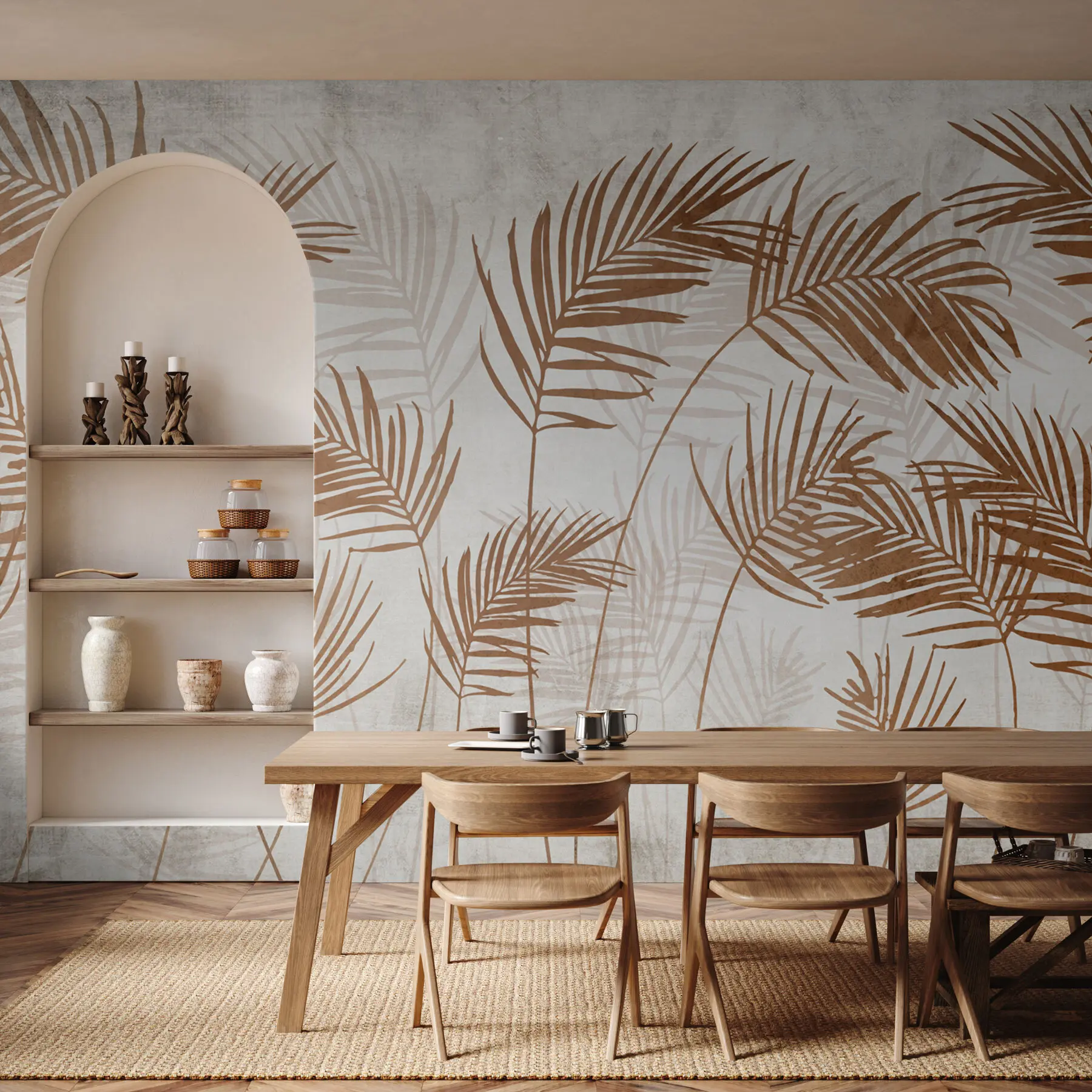 Fototapeedid Tapeedi kujundus troopiliste puude ja lehtedega sumedas metsas u98974