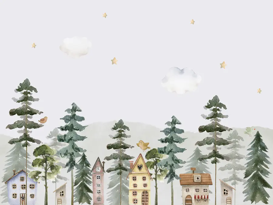 Fototapeedid Männimets koos lindude ja armsate majadega, roheline ja beež värvid u98989