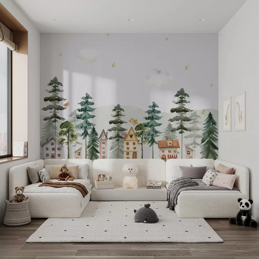 Fototapeedid Männimets koos lindude ja armsate majadega, roheline ja beež värvid u98989