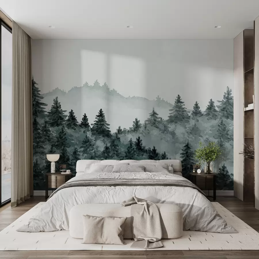 Pilt Akvarell metsamaastik, udu, roheline värv, mändid u98994