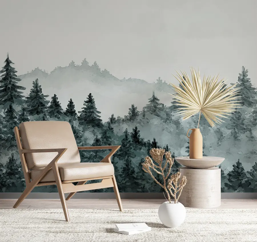 Fototapeedid Akvarell metsamaastik, udu, roheline värv, mändid u98994