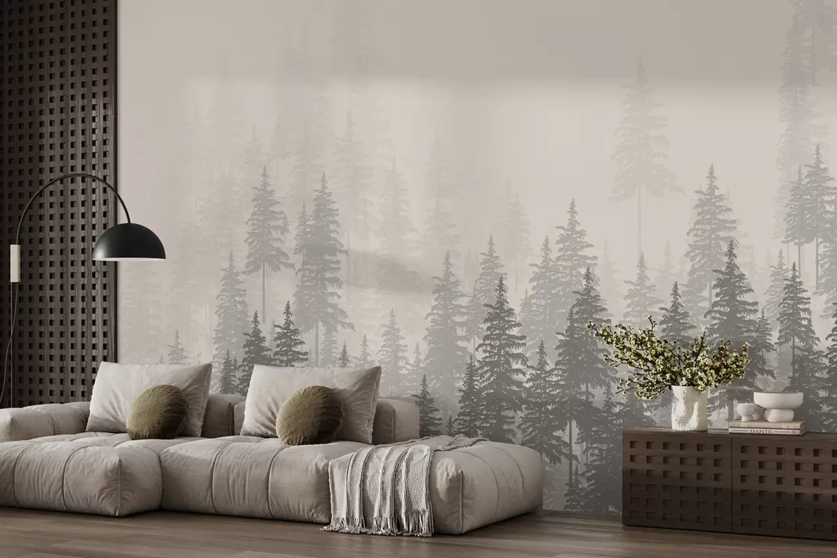 Fototapeedid Monokromaatiline illustratsioon igihaljastest metsadest u99076