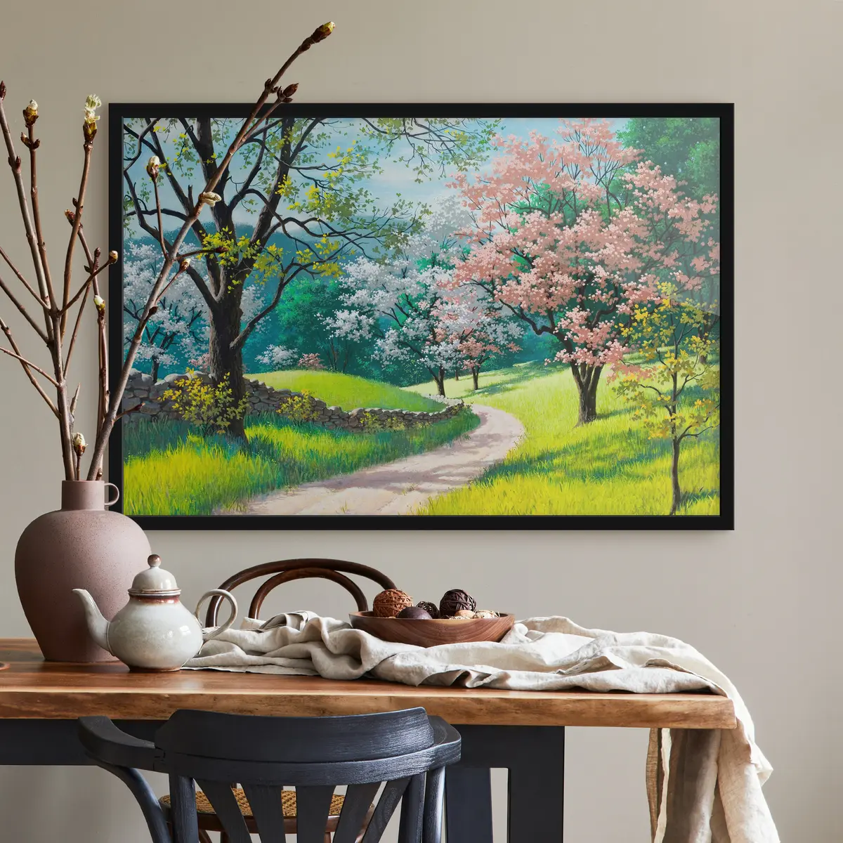 Plakat Õitsevad puud piki looklevat rada f15350