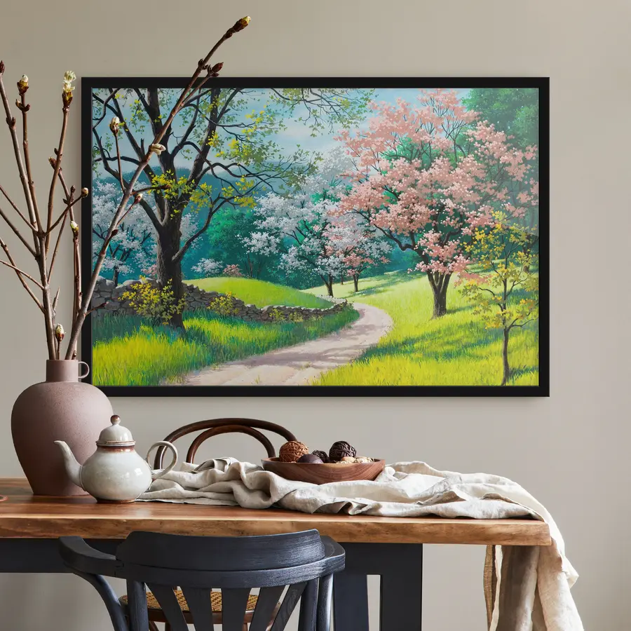 Fototapeedid Õitsevad puud piki looklevat rada f15350