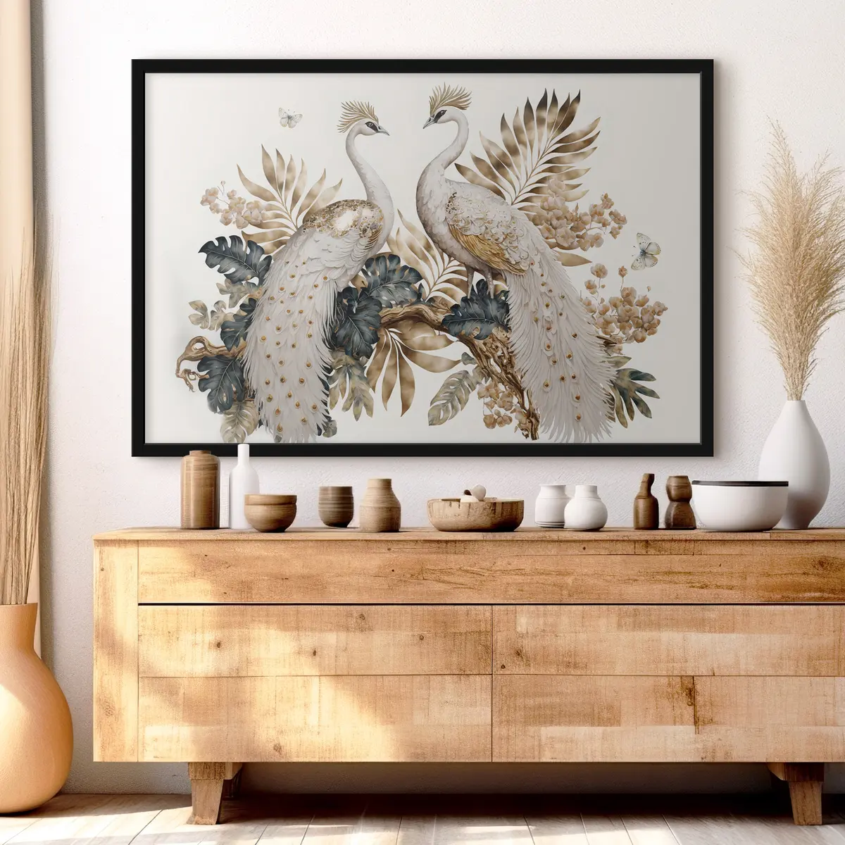 Plakat Elegantsed paabulinnud lopsakas lehtede keskel f33942