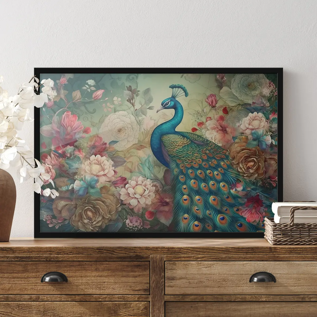 Plakat Särav paabulind õitsvate lillede keskel f34869