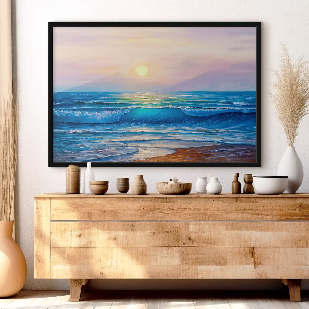 Plakat Rahulikud lained peegeldavad päikeseloojangu värve f35378