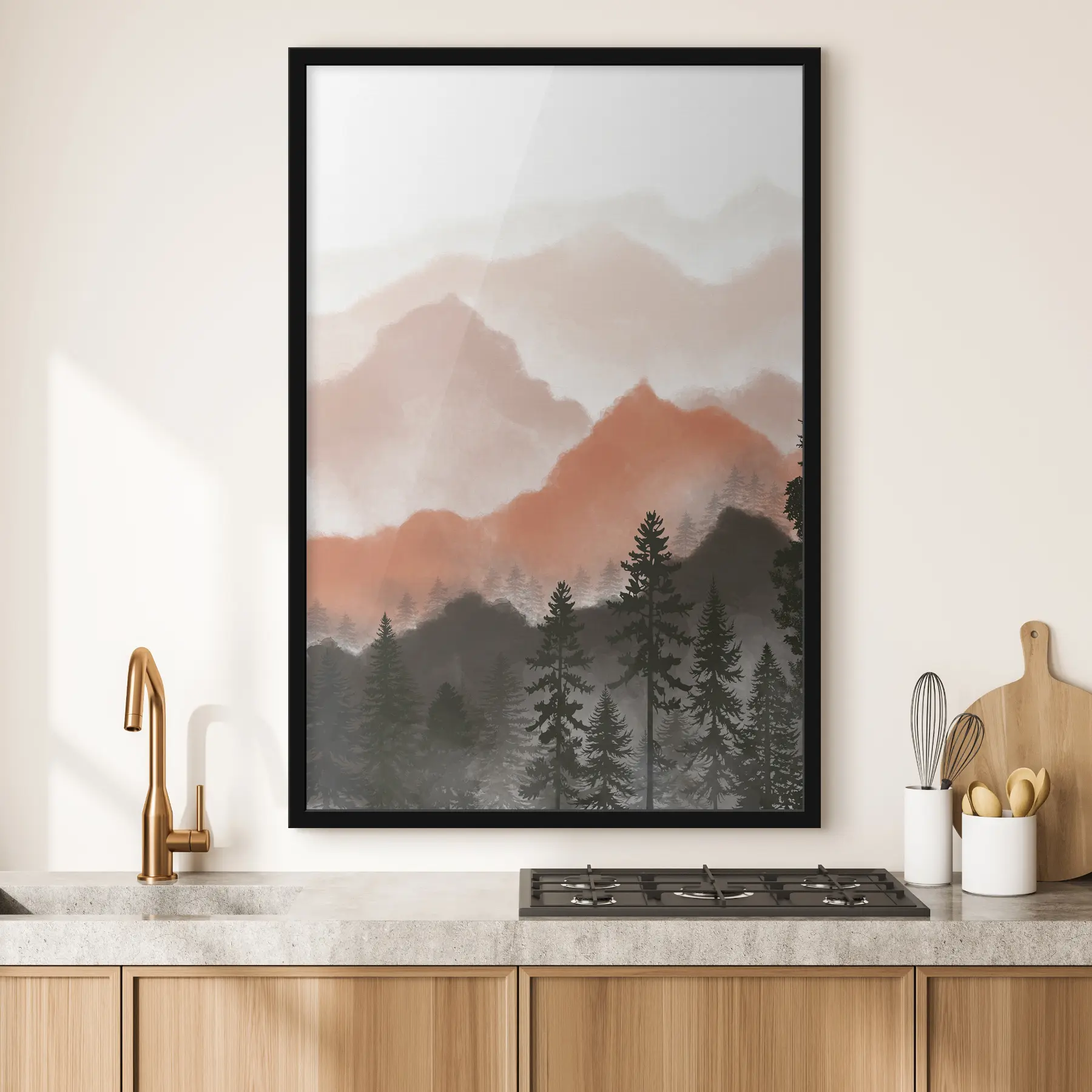 Fototapeedid Rahulikud mäed koos uduste puudega f36607v2