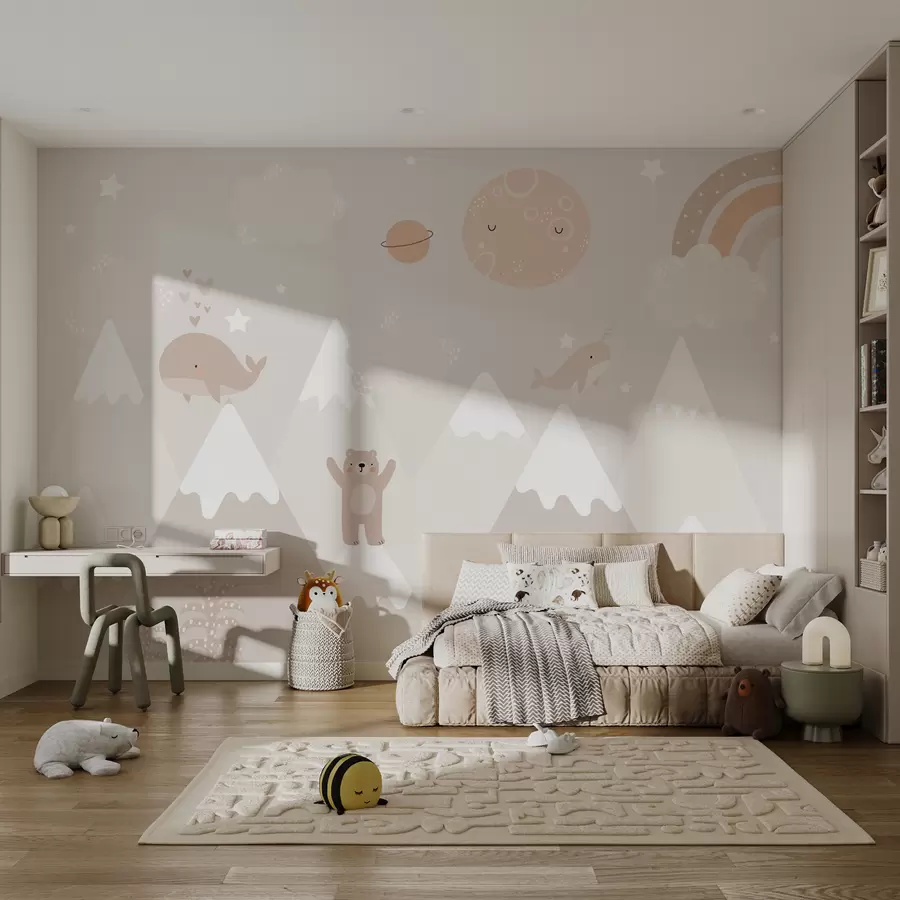 Fototapeedid Mäed koos armsate loomade, pilvede ja planeetidega, beežid värvid u99206