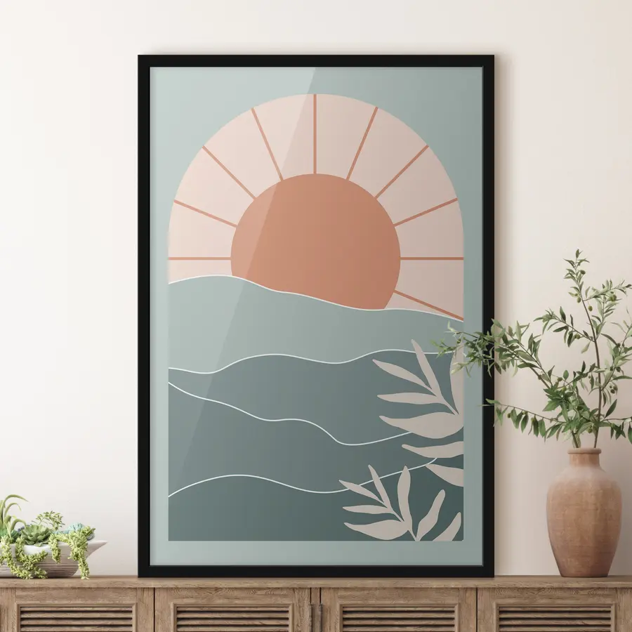 Fototapeedid Päikeseloojang rahulike lainete ja lehtede kohal f37134